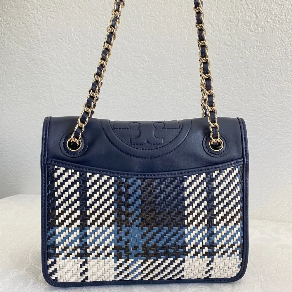 Tory Burch navy woven chain strap bag
